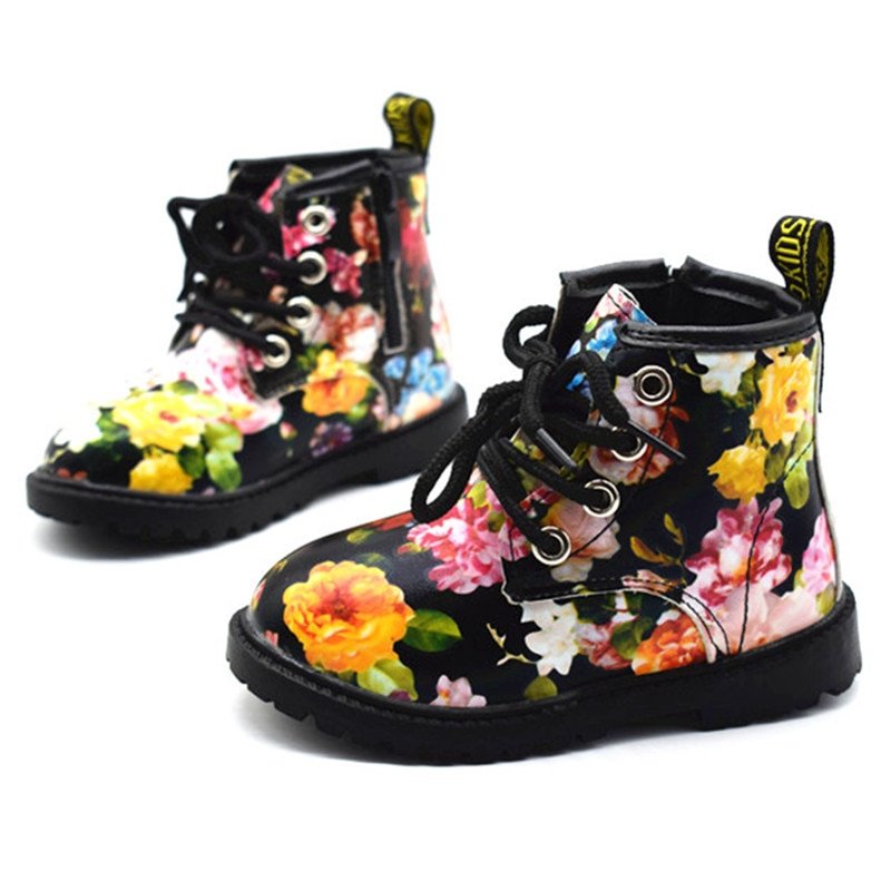 Flower Patterned Leather Boots for Girls