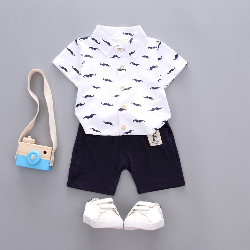 Boy's Mustache Printed Shirt / Shorts Clothing Set